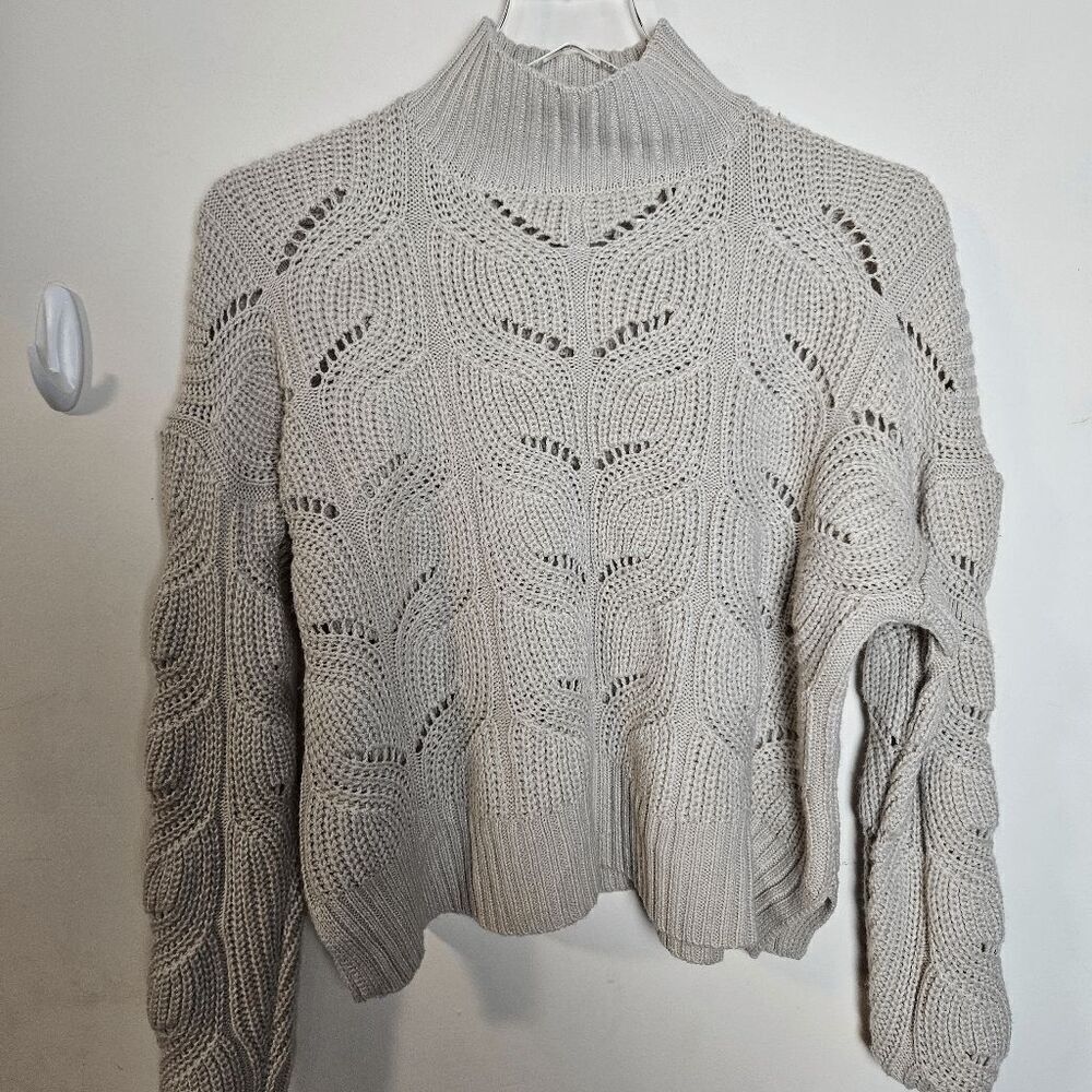 Pink Rose Cropped Crochet Open Pattern Cable Knit Long Sweater Women's Tan/Gray